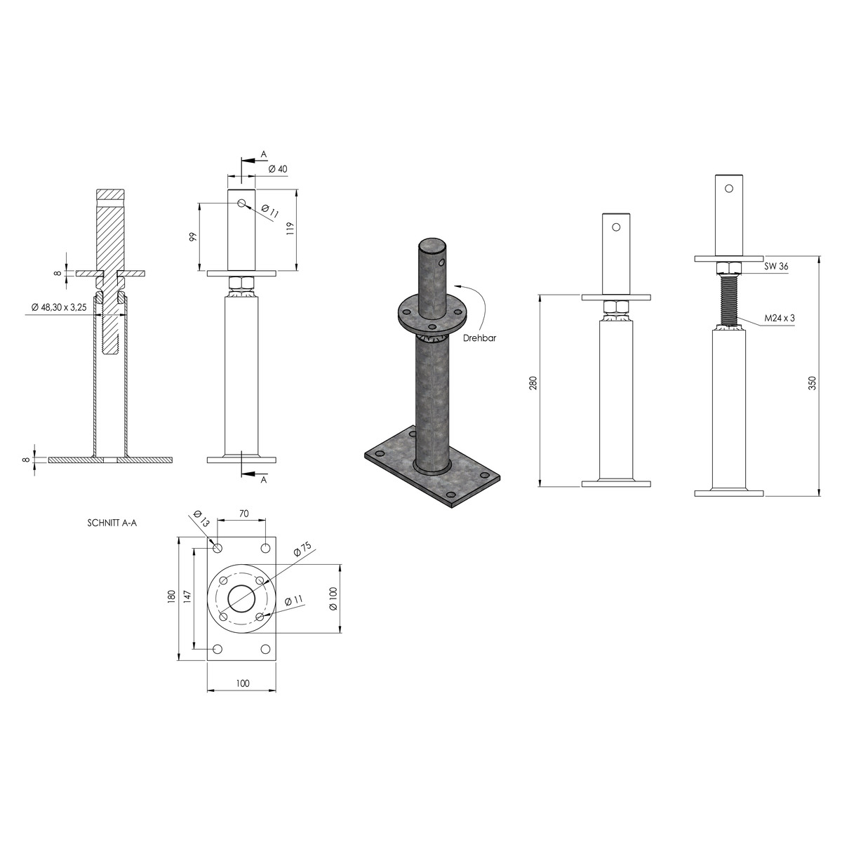 Standard-Pfostenträger Zapfen -verstellbar-