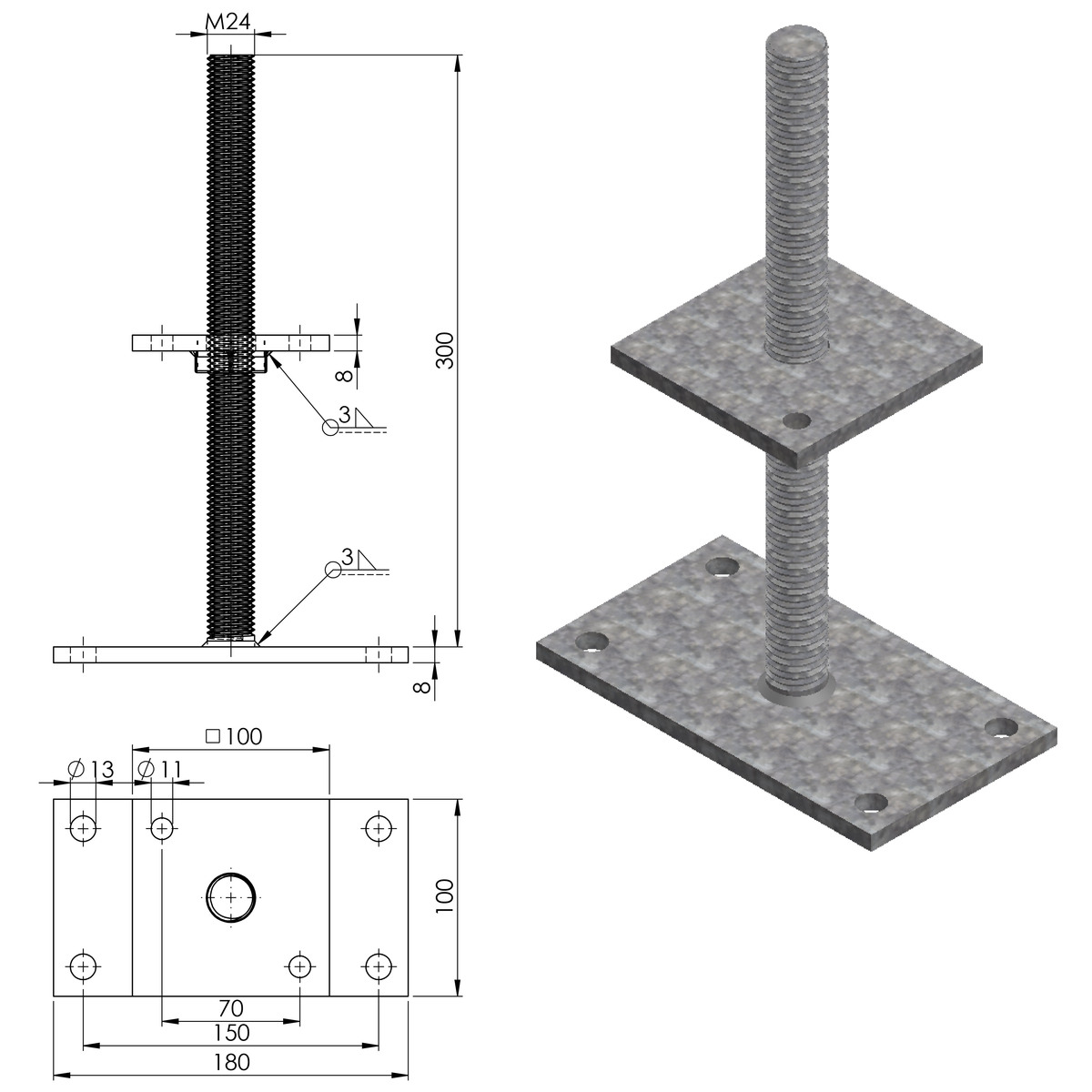 Standard-Pfostenträger Gewindezapfen -verstellbar-